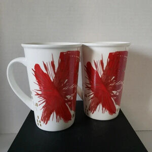 Starbucks set of 2 Red/Gold/White Abstract Christmas Holiday  12oz Coffee mugs.
